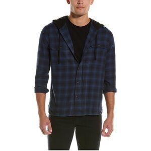 VINCE Men's Tonal Shadow Plaid Hooded Shirt In Blue Size Large NWT